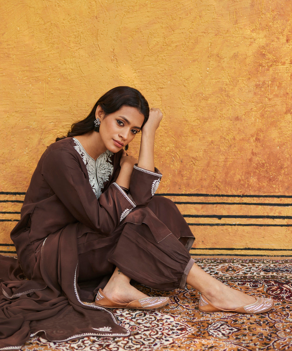 Dark_Brown_Pure_Silk_Tilla_Hand_Embroidered_Suit_With_Pants_And_Dupatta_WeaverStory_04