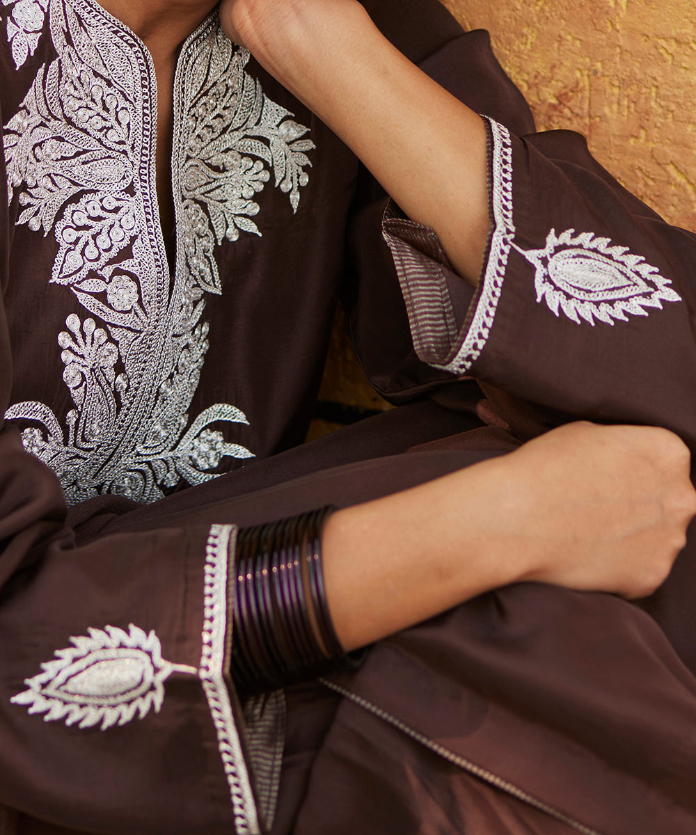 Dark_Brown_Pure_Silk_Tilla_Hand_Embroidered_Suit_With_Pants_And_Dupatta_WeaverStory_07