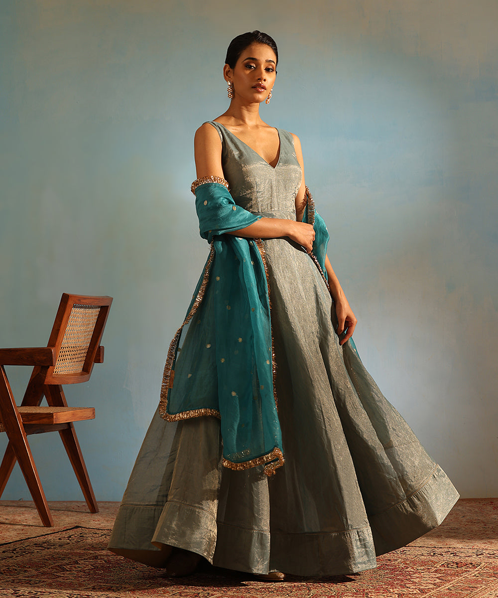 Blue_Handcrafted_Tissue_Silk_Anarkali_Kurta_With_Churidaar_Pants_And_Organza_Dupatta_WeaverStory_01