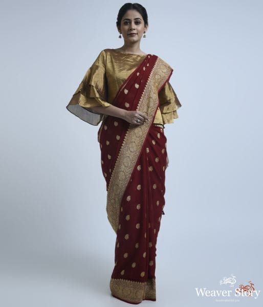 Wine_banarasi_georgette_saree_with_kadhwa_booti_WeaverStory_02