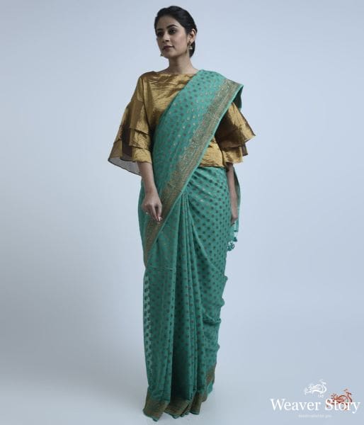 Teal_green_banarasi_georgette_saree_WeaverStory_02