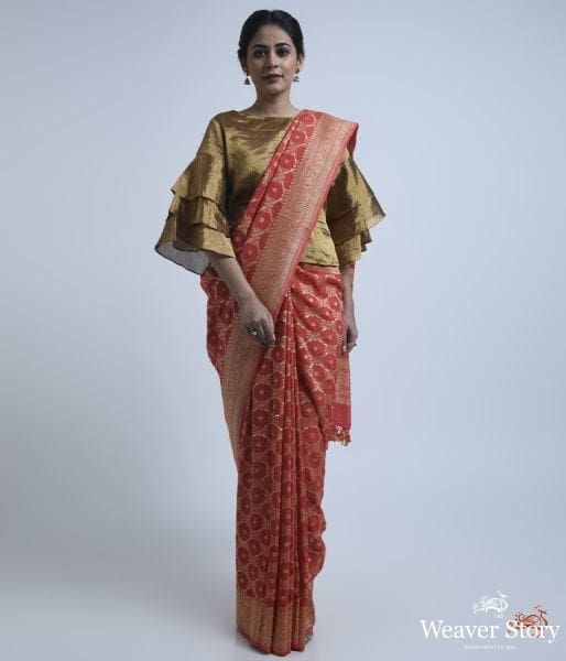 Coral_Red_banarasi_georgette_saree_WeaverStory_02