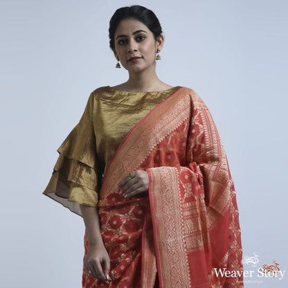 Coral_Red_banarasi_georgette_saree_WeaverStory_01