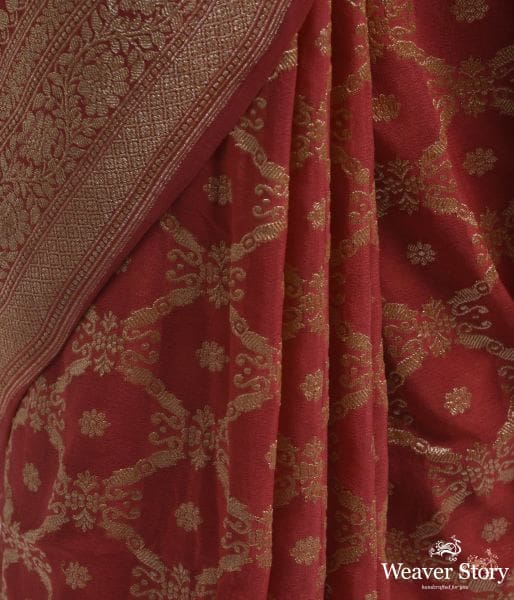 Coral_Red_banarasi_georgette_saree_WeaverStory_03