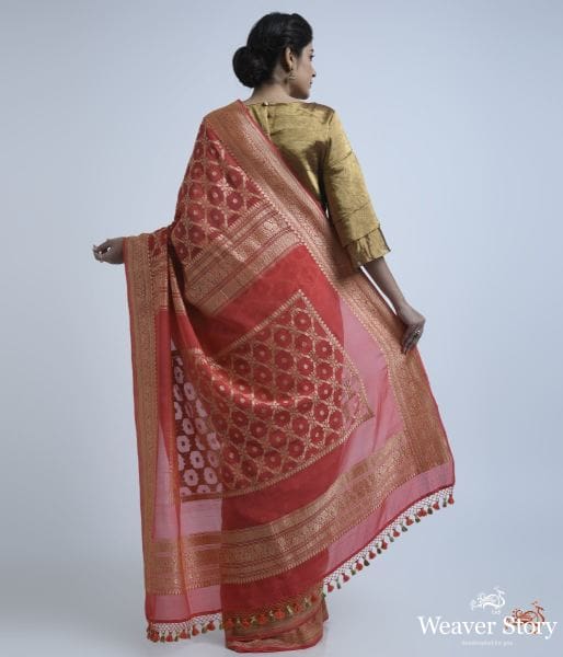 Coral_Red_banarasi_georgette_saree_WeaverStory_04