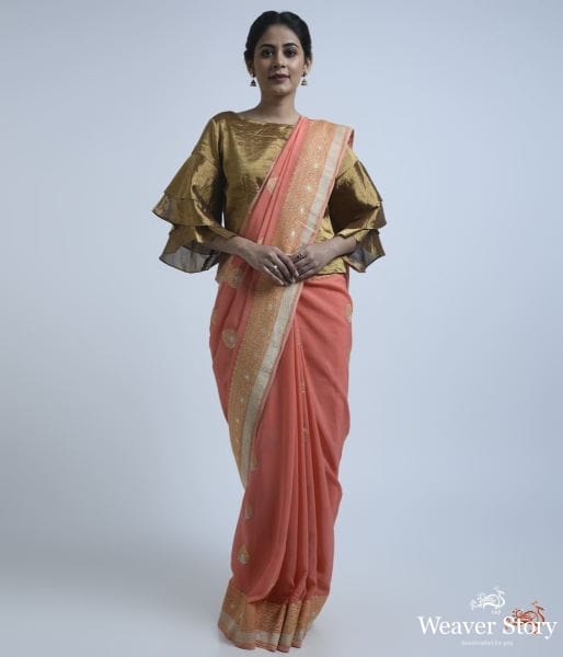 Peach_banarasi_georgette_saree_WeaverStory_02