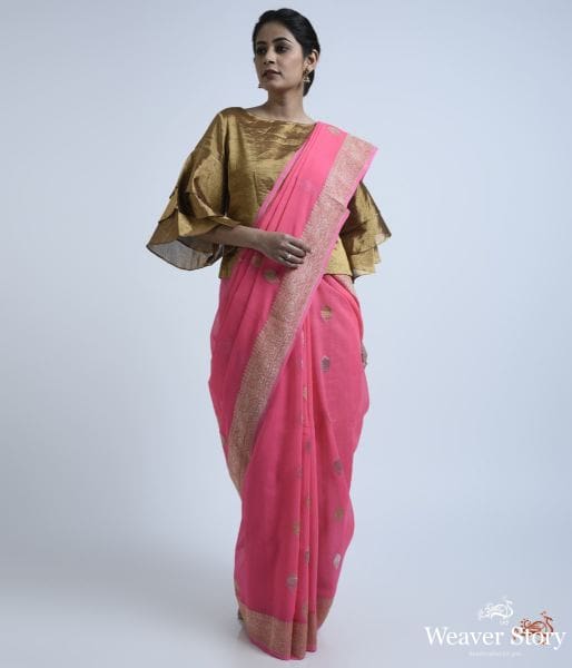 Candy_Pink_banarasi_georgette_saree_WeaverStory_02