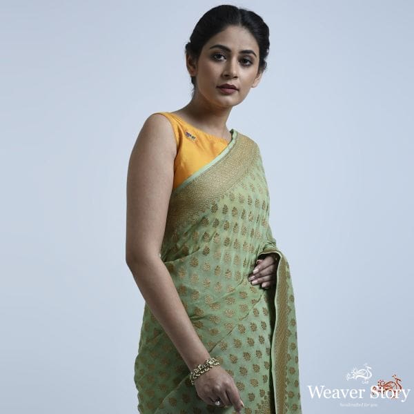 Green_antique_zari_booti_Georgette_saree_WeaverStory_01