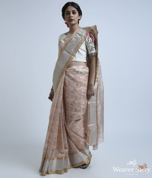 Peach_cotton_silk_saree_with_gold_and_silver_zari_jaal_WeaverStory_02