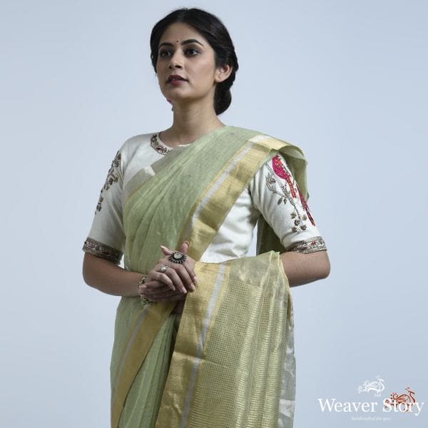 Pistachio_green_cotton_silk_saree_with_self_weave_checks_WeaverStory_01