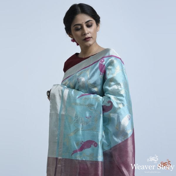 Light_blue_chanderi_silk_saree_with_bird_motifs_WeaverStory_01