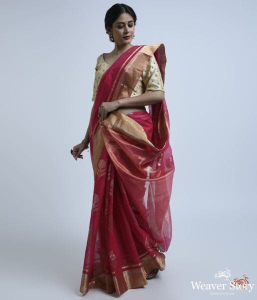 Berry_Pink_cotton_silk_chanderi_saree_WeaverStory_02