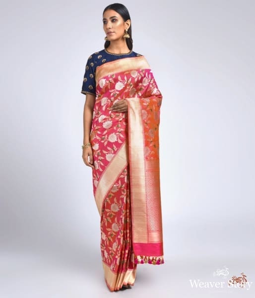 Hot_Pink_meenakari_jangla_with_floral_motifs_saree_WeaverStory_02