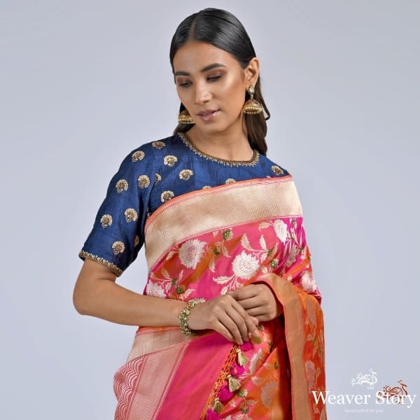 Hot_Pink_meenakari_jangla_with_floral_motifs_saree_WeaverStory_01