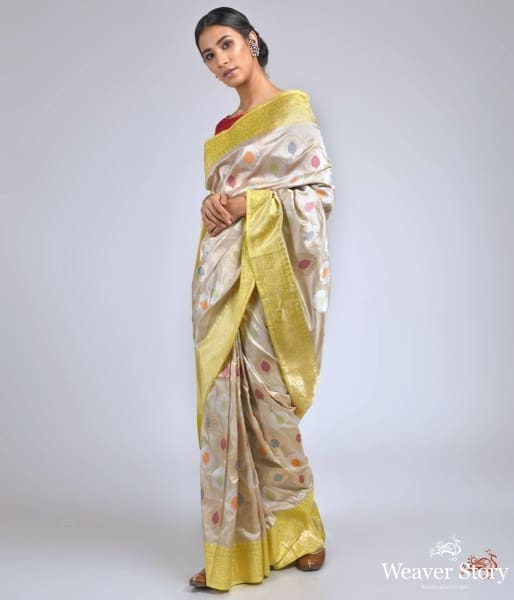 Offwhite_meenakari_boota_saree_with_yellow_kadhiyal_border_WeaverStory_02