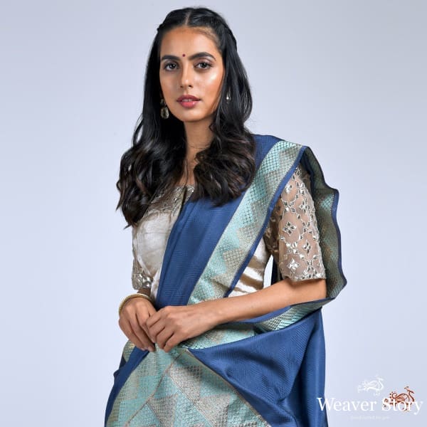 Blue_Katan_silk_Tanchoi_saree_with_chevron_weave_WeaverStory_01