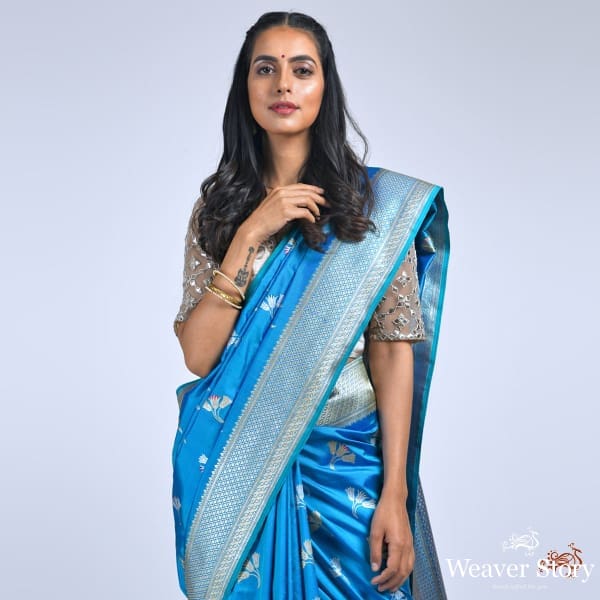 Turquoise_blue_katan_silk_saree_with_meenakari_WeaverStory_01