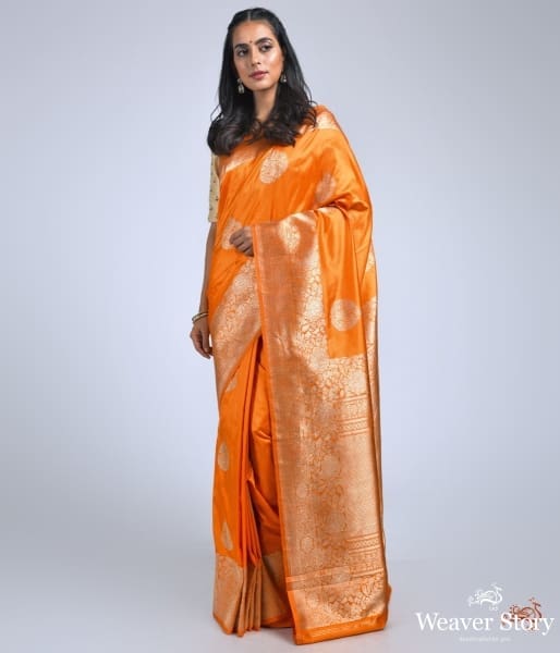 Orange_and_gold_Banarasi_silk_saree_with_kadhwa_booti_WeaverStory_02