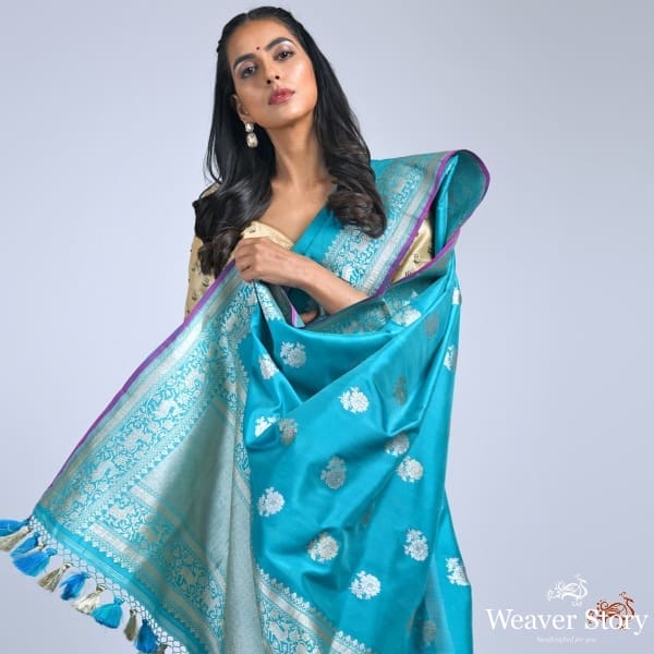 Turquoise_gulaab_boota_saree_with_shikargah_border_WeaverStory_01