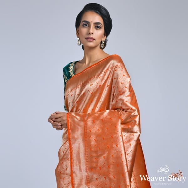 Orange_and_gold_Banarasi_Brocade_Saree_WeaverStory_01