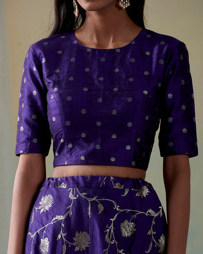 Handloom_Purple_Jaal_Tussar_Silk_Skirt_With_Bootidar_Blouse_WeaverStory_05