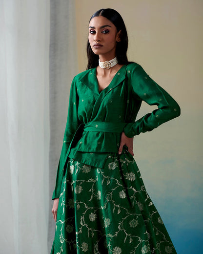 Green_Handloom_Jaal_Tussar_Silk_Skirt_with_Bootidar_Angrakha_Choli_WeaverStory_01