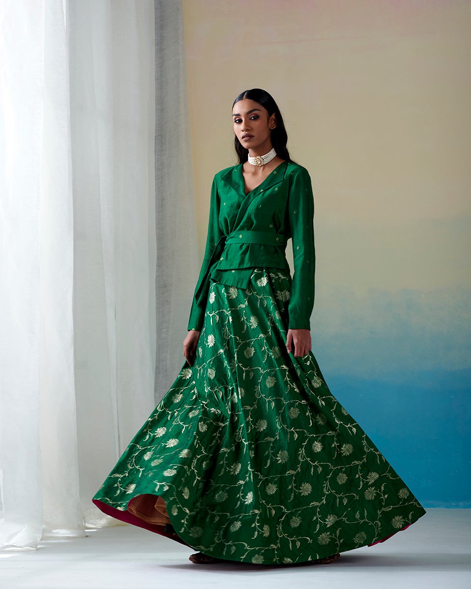Green_Handloom_Jaal_Tussar_Silk_Skirt_with_Bootidar_Angrakha_Choli_WeaverStory_02