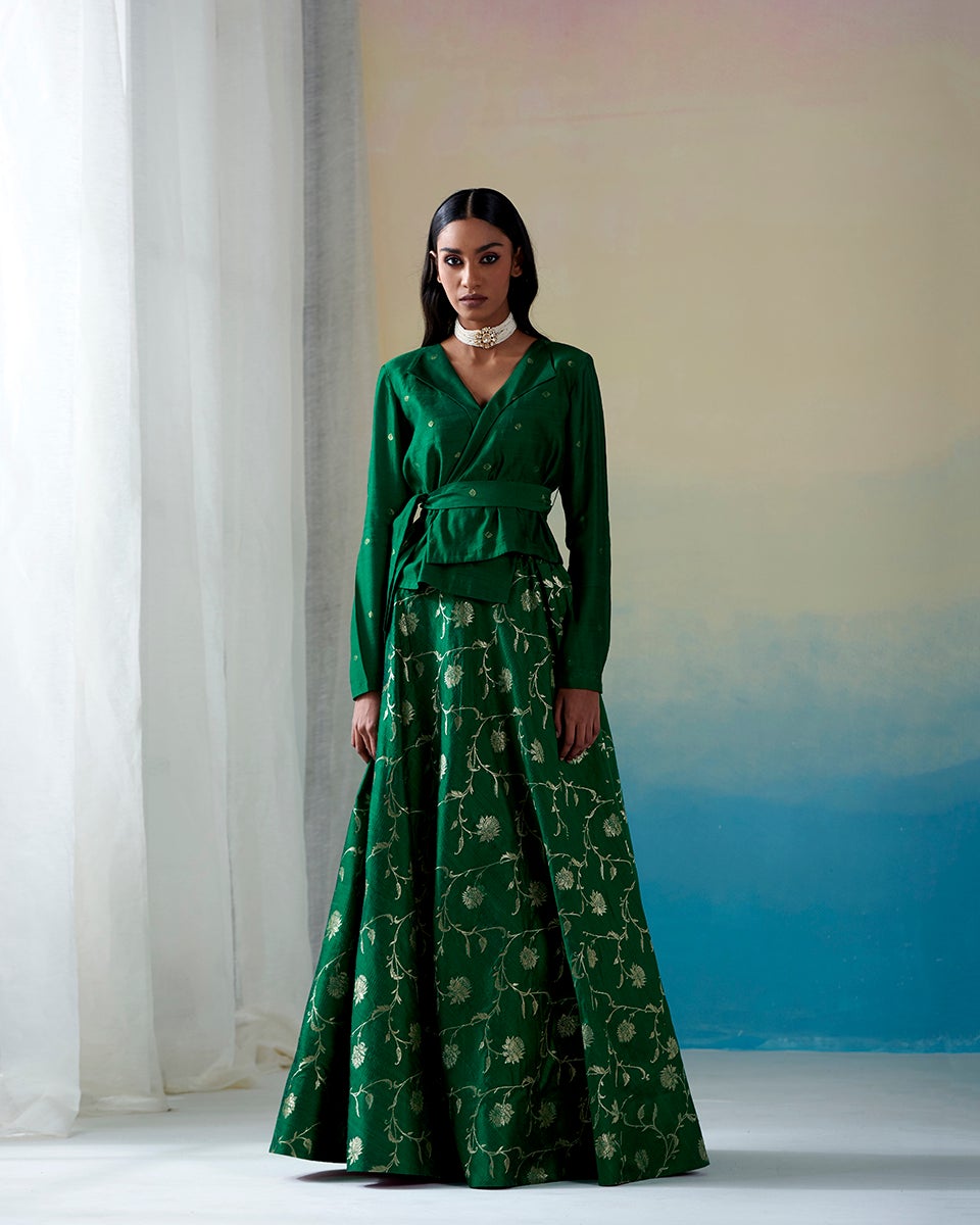 Green_Handloom_Jaal_Tussar_Silk_Skirt_with_Bootidar_Angrakha_Choli_WeaverStory_03
