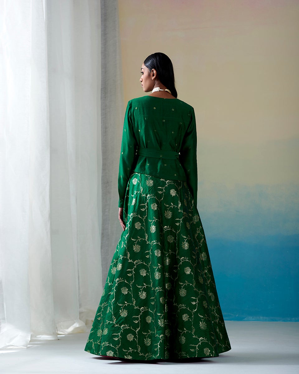 Green_Handloom_Jaal_Tussar_Silk_Skirt_with_Bootidar_Angrakha_Choli_WeaverStory_04