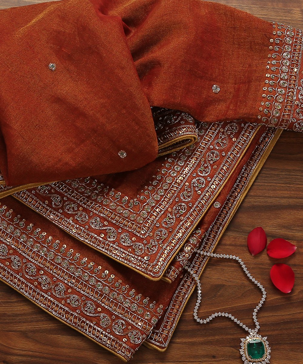 Rust_Pure_Handloom_Cotton_Tissue_Dupatta_with_Hand_Embroidery_Zardozi_Borders_WeaverStory_01