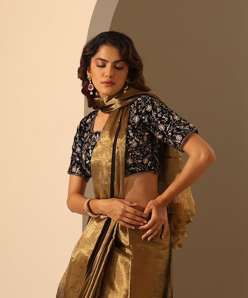 Black_Hand_Embroidered_Velvet_Blouse_With_V-Cut_Deep_Neckline_WeaverStory_01