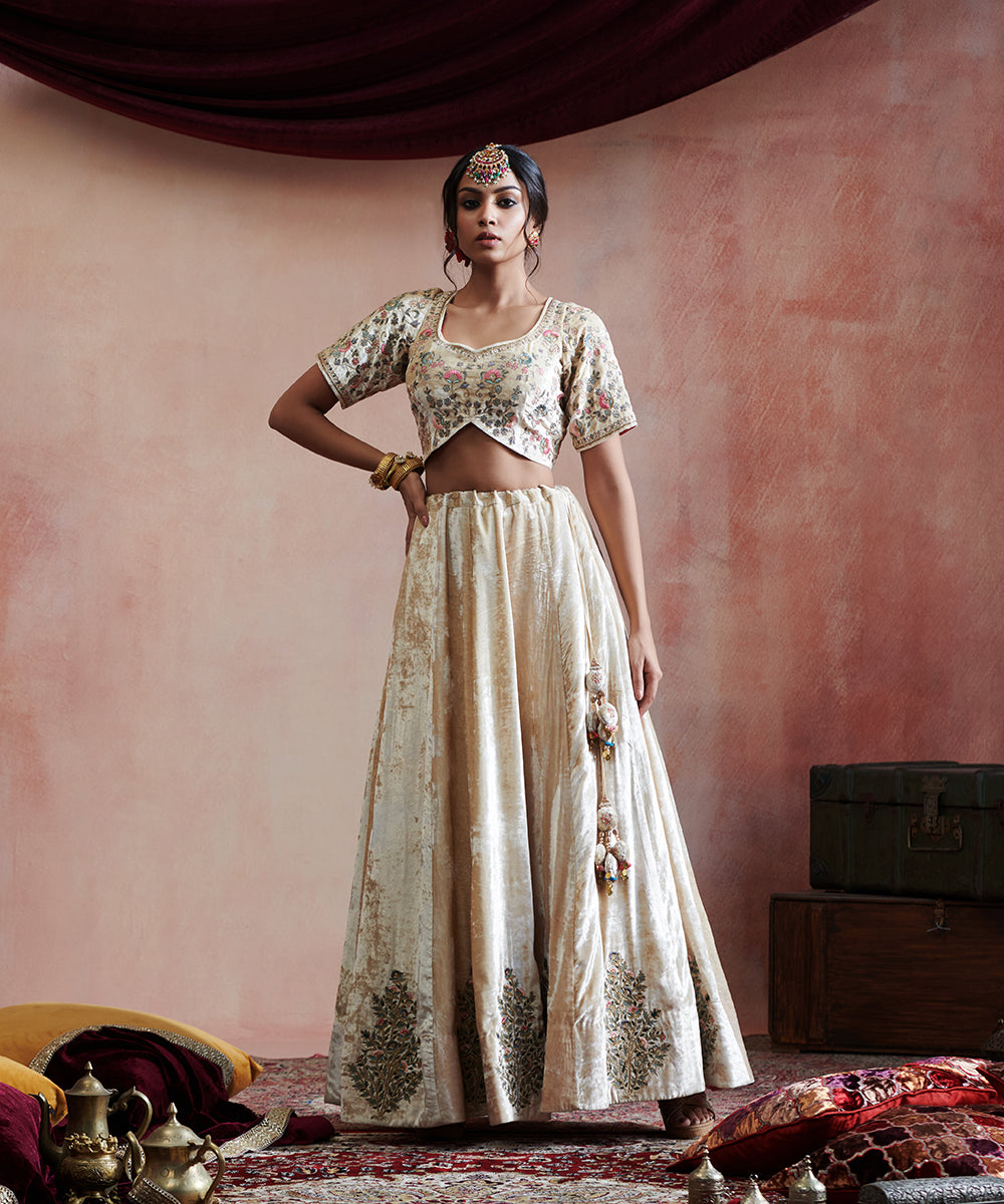 Hand_Embroidered_Beige_Velvet_Skirt_With_Blouse_And_Pink_Organza_Duptta_WeaverStory_05