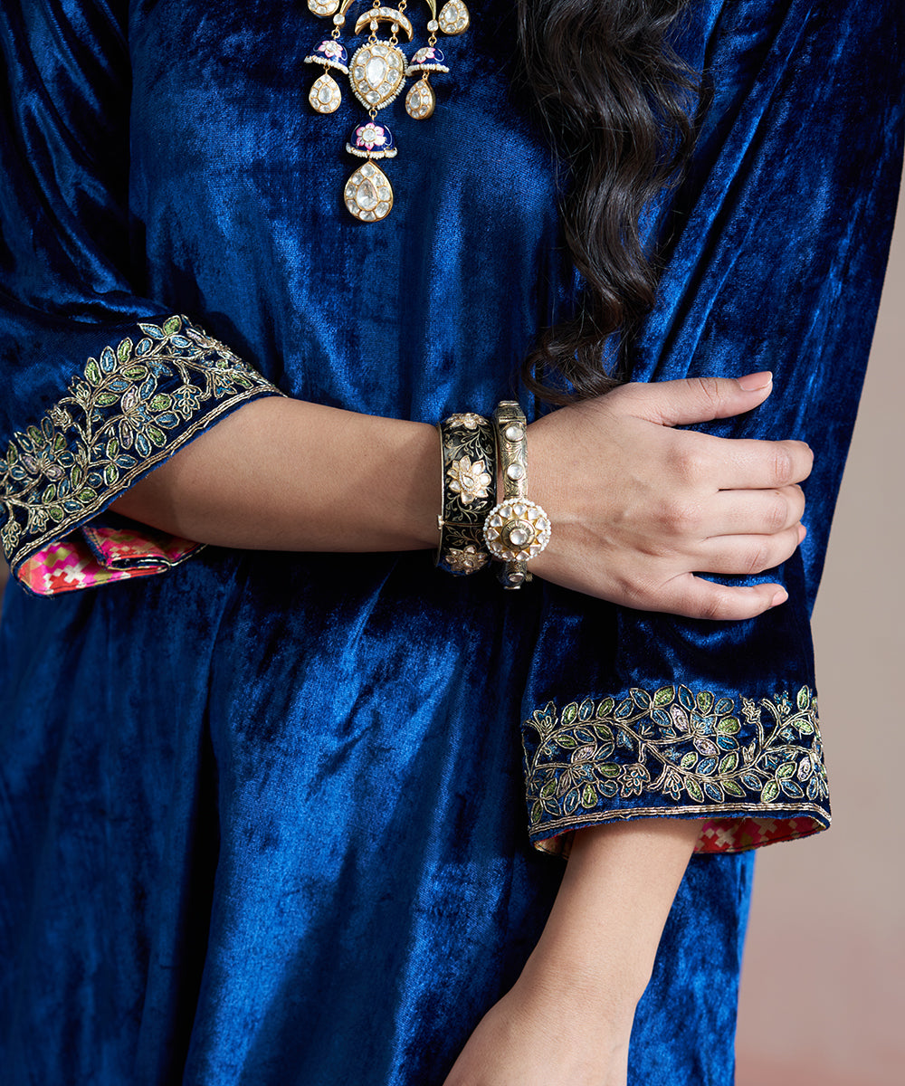 Navy Blue Hand Embroidered Velvet Kurta And Velvet Salwar