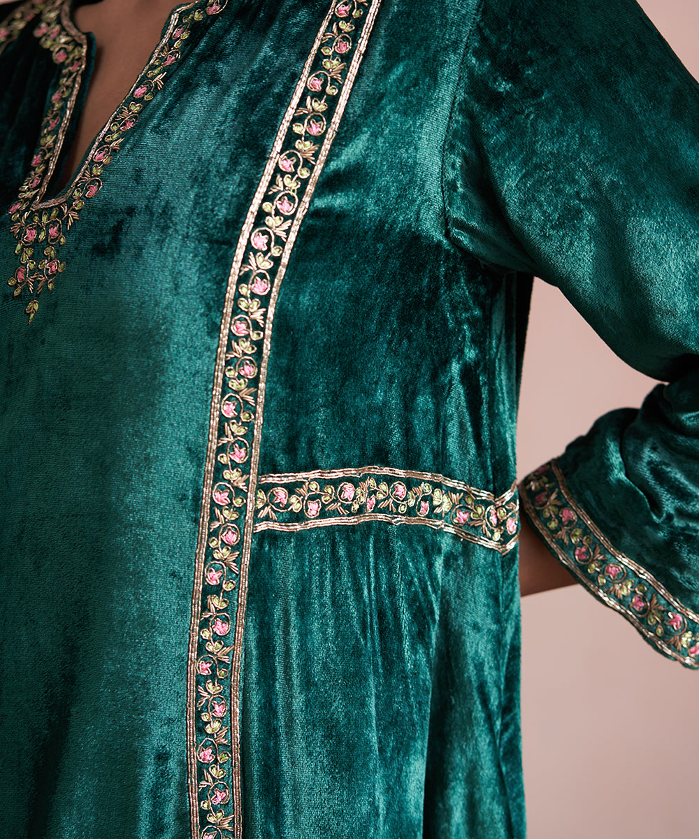 Hand Embroidered Dark Green Kalidar Velvet Kurta With Velvet Farshi
