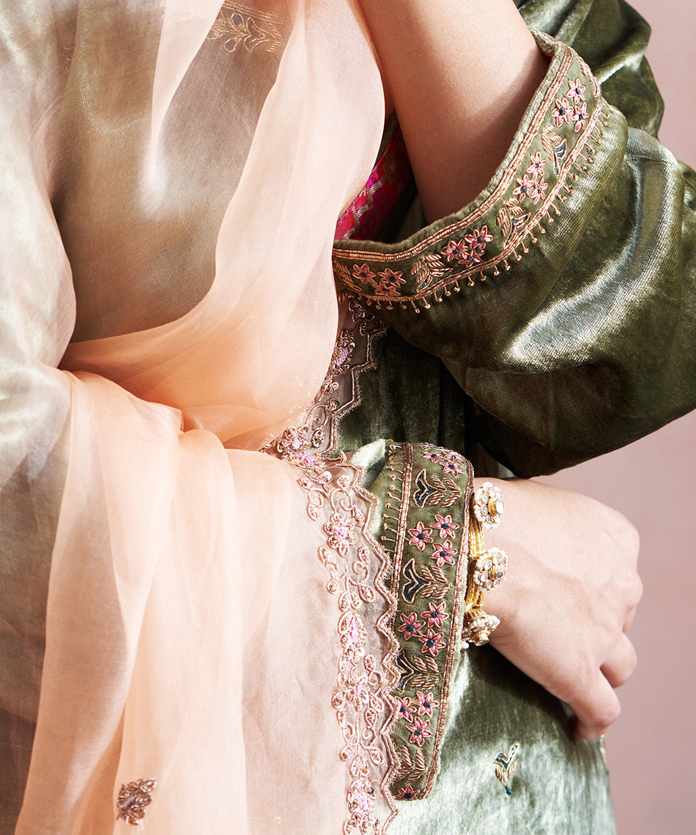 Olive Green Hand Embroidered Velvet Kurta With Velvet Salwar And Peach Organza Dupatta XS / With Dupatta at Weaverstory Olive Green Hand Embroidered Velvet Kurta With Velvet Salwar And Peach Organza Dupatta XS / With Dupatta at Weaverstory