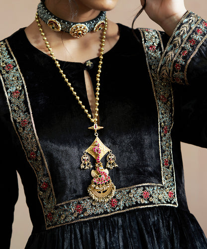 Hand Embroidered Black Gathered Velvet Kurta With Velvet Salwar And Velvet Doshala