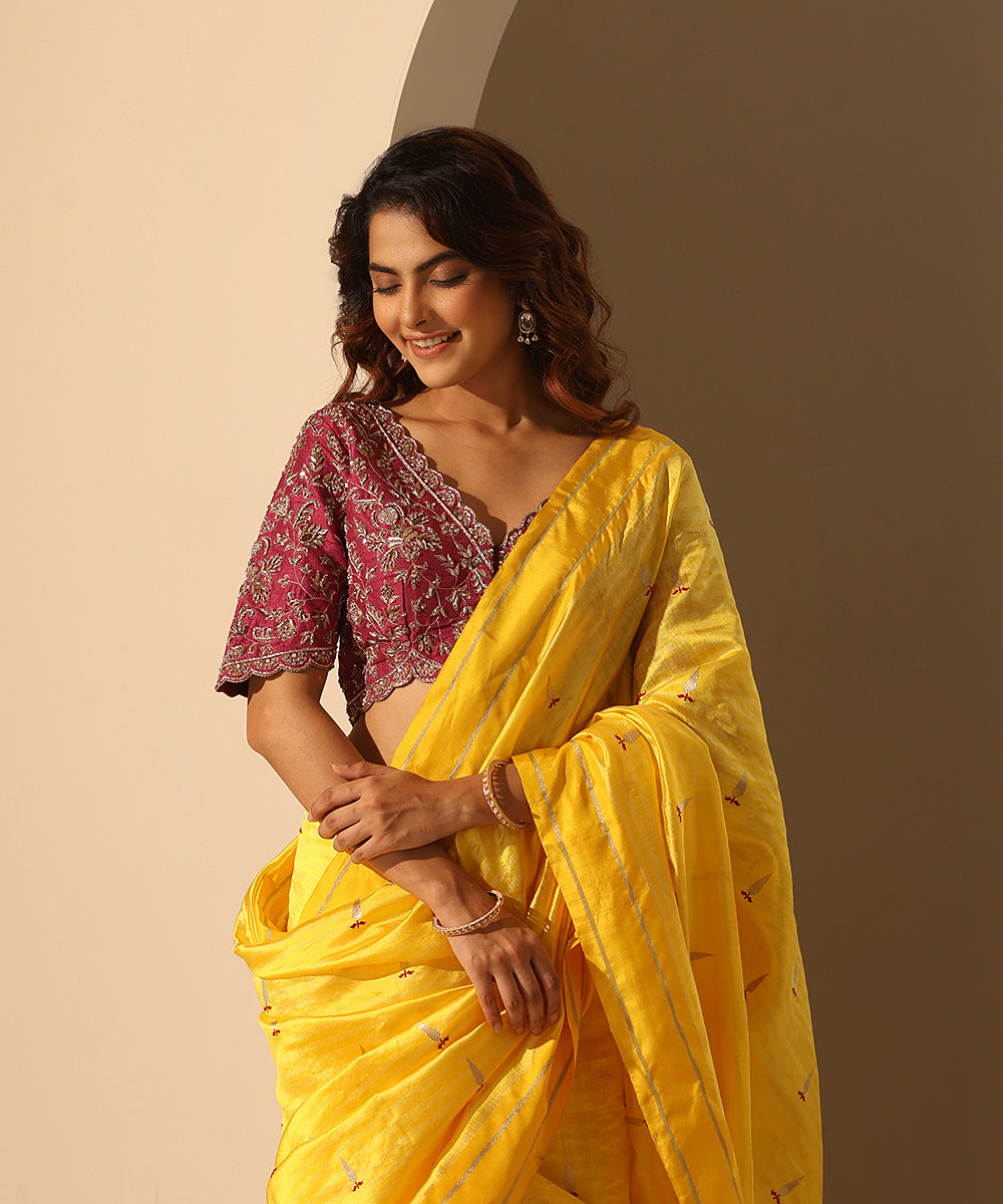 Hand_Embroidered_Viva_Magenta_Raw_Silk_Blouse_With_Scalloped_Border_WeaverStory_01