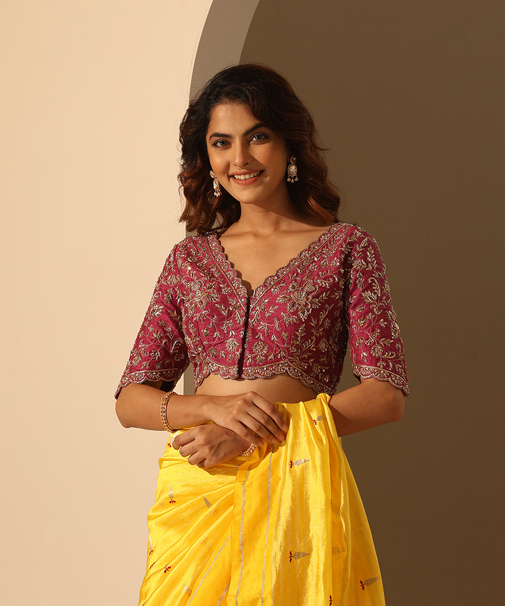 Hand_Embroidered_Viva_Magenta_Raw_Silk_Blouse_With_Scalloped_Border_WeaverStory_02