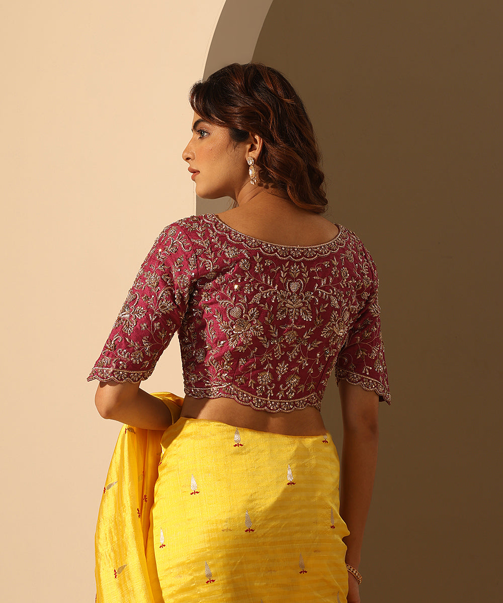Hand_Embroidered_Viva_Magenta_Raw_Silk_Blouse_With_Scalloped_Border_WeaverStory_03