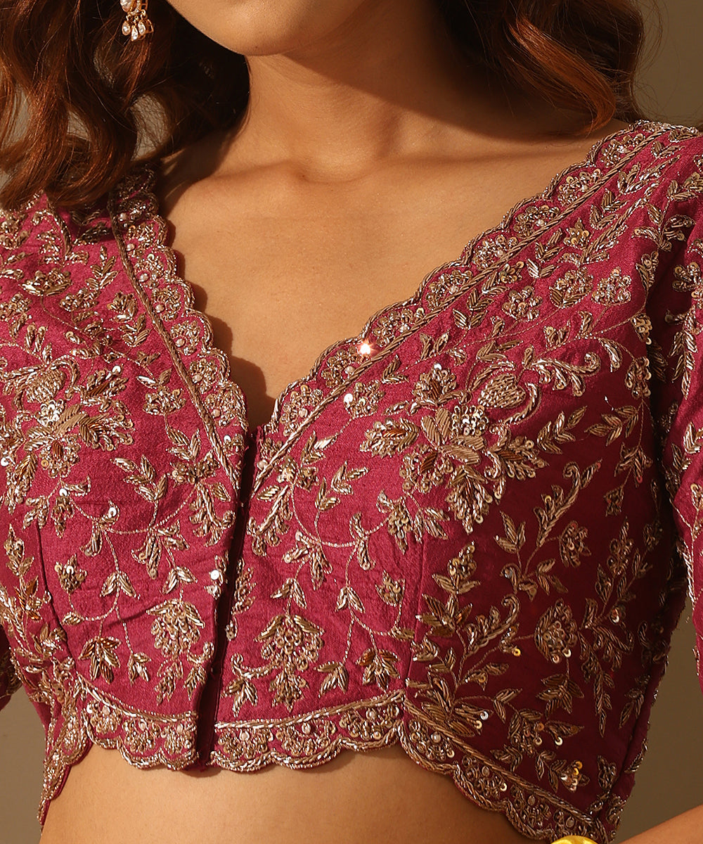 Hand_Embroidered_Viva_Magenta_Raw_Silk_Blouse_With_Scalloped_Border_WeaverStory_04