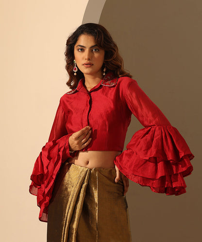 Viva_Magenta_Chanderi_Blouse_With_Ruffle_Sleeves_WeaverStory_01