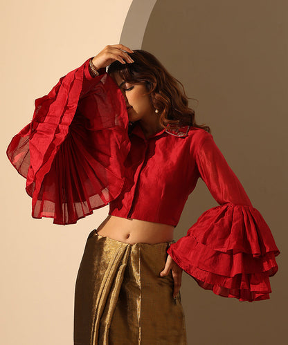 Viva_Magenta_Chanderi_Blouse_With_Ruffle_Sleeves_WeaverStory_02