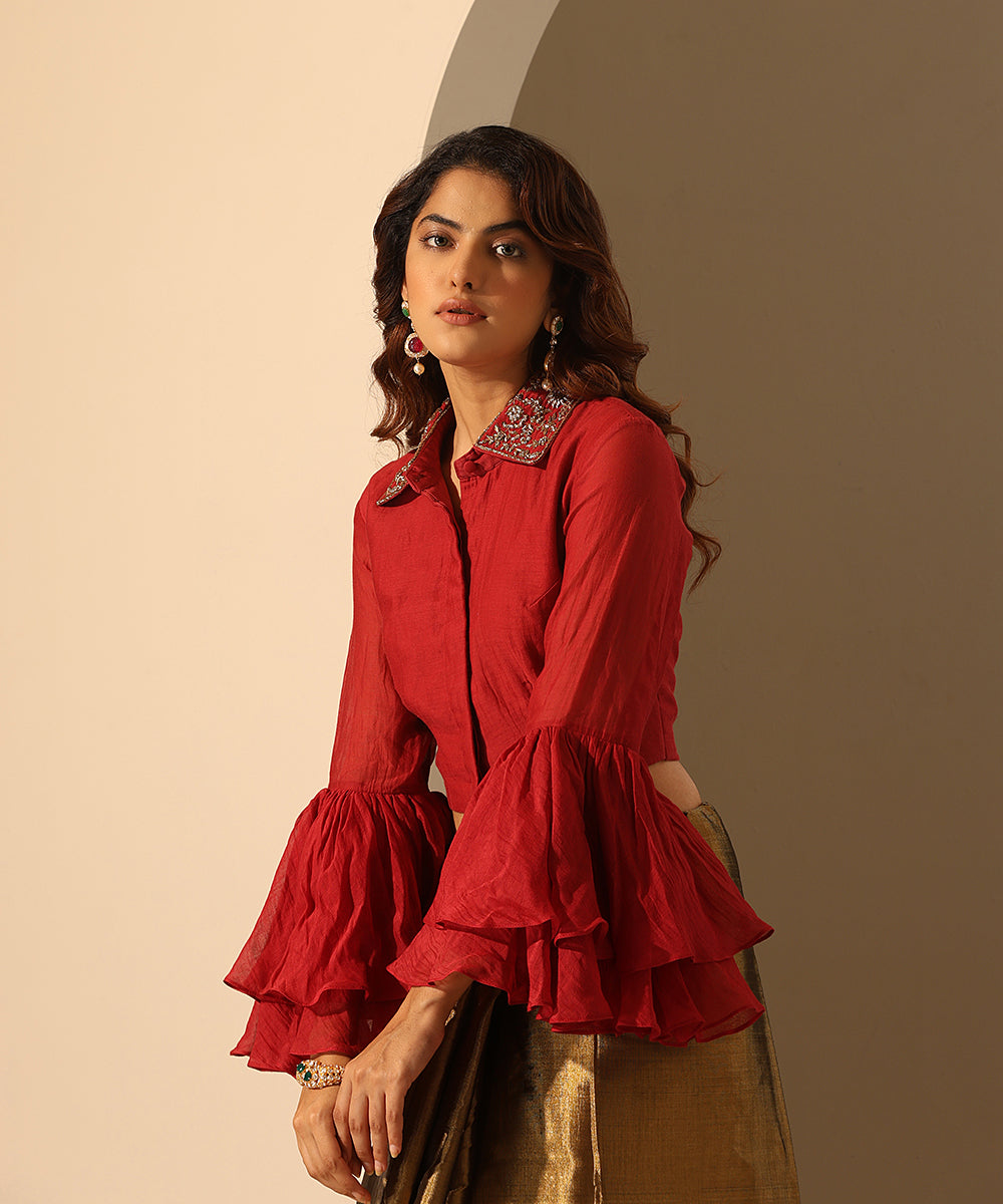 Viva_Magenta_Chanderi_Blouse_With_Hand_Embroidered_Collar_WeaverStory_02