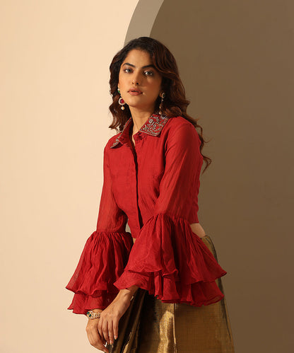 Viva_Magenta_Chanderi_Blouse_With_Hand_Embroidered_Collar_WeaverStory_02
