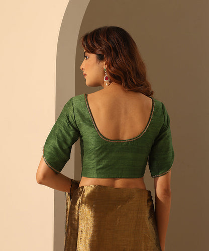 Bottle_Green_Hand_Embroidered_Raw_Silk_Blouse_With_Cutout_Sleeves_WeaverStory_03