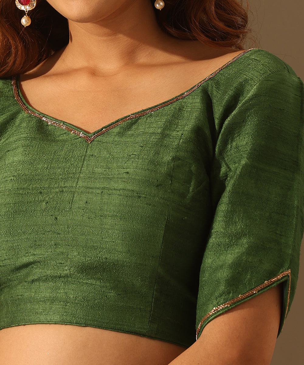 Bottle Green Hand Embroidered Raw Silk Blouse With Cutout Sleeves