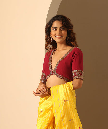 Viva_Magenta_Hand_Embroidered_Georgette_Blouse_With_V-Neck_WeaverStory_02