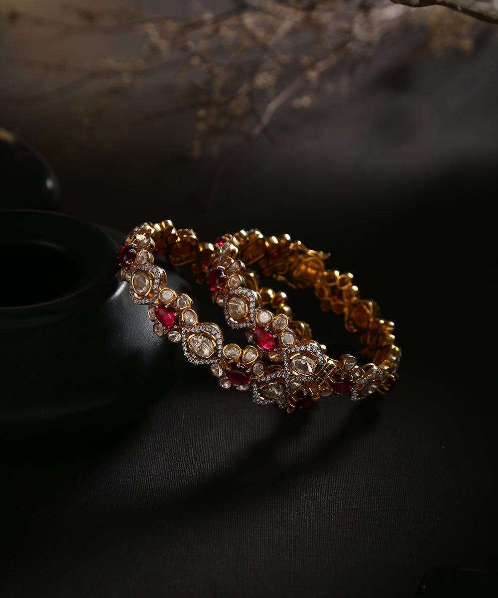 Aziza_Handcrafted_Pure_Silver_Bangle_With_Moissanite_Polki_And_Ruby_WeaverStory_01