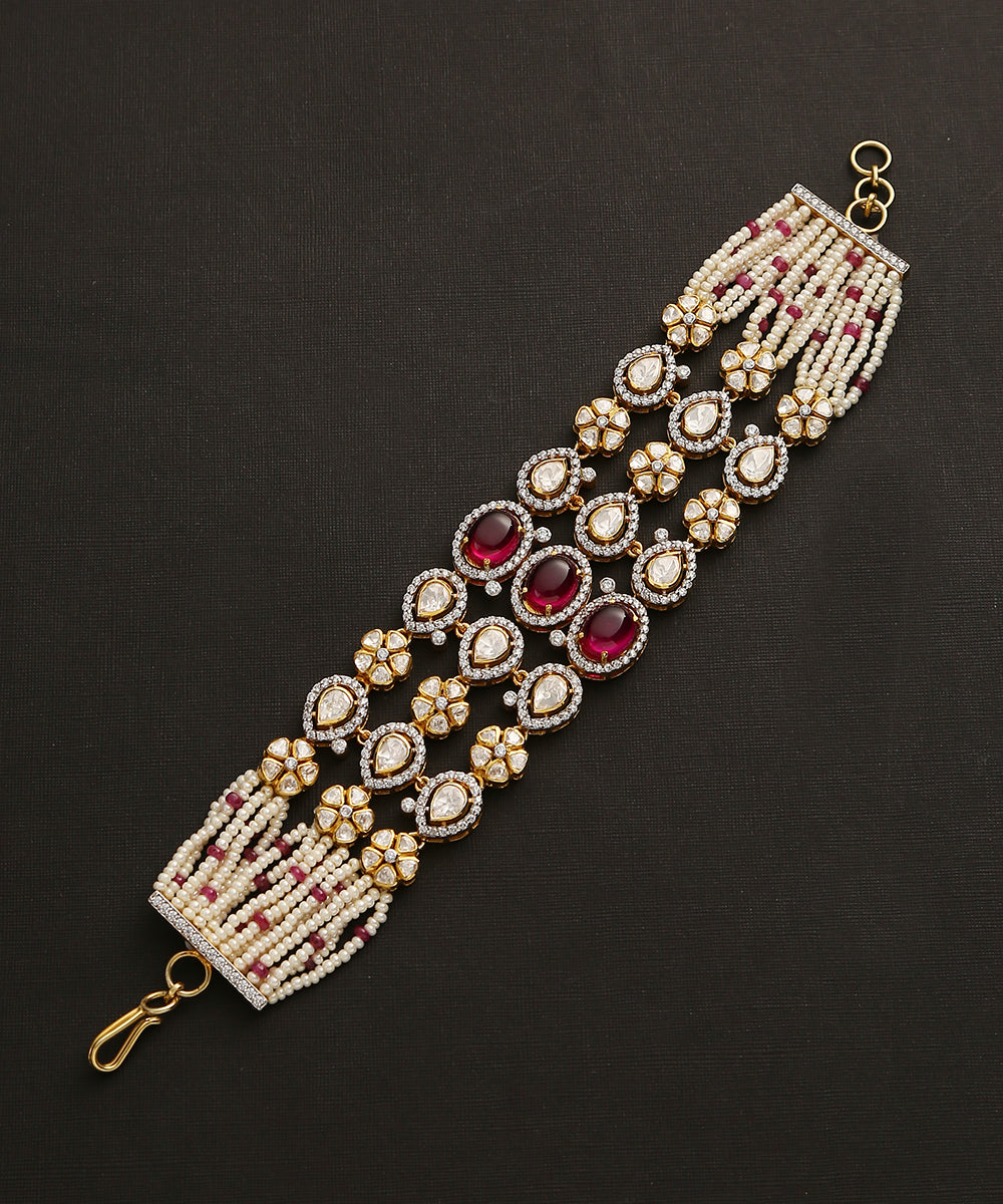 Dania_Handcrafted_Pure_Silver_Bracelet_With_Moissanite_Polki_And_Ruby_WeaverStory_02