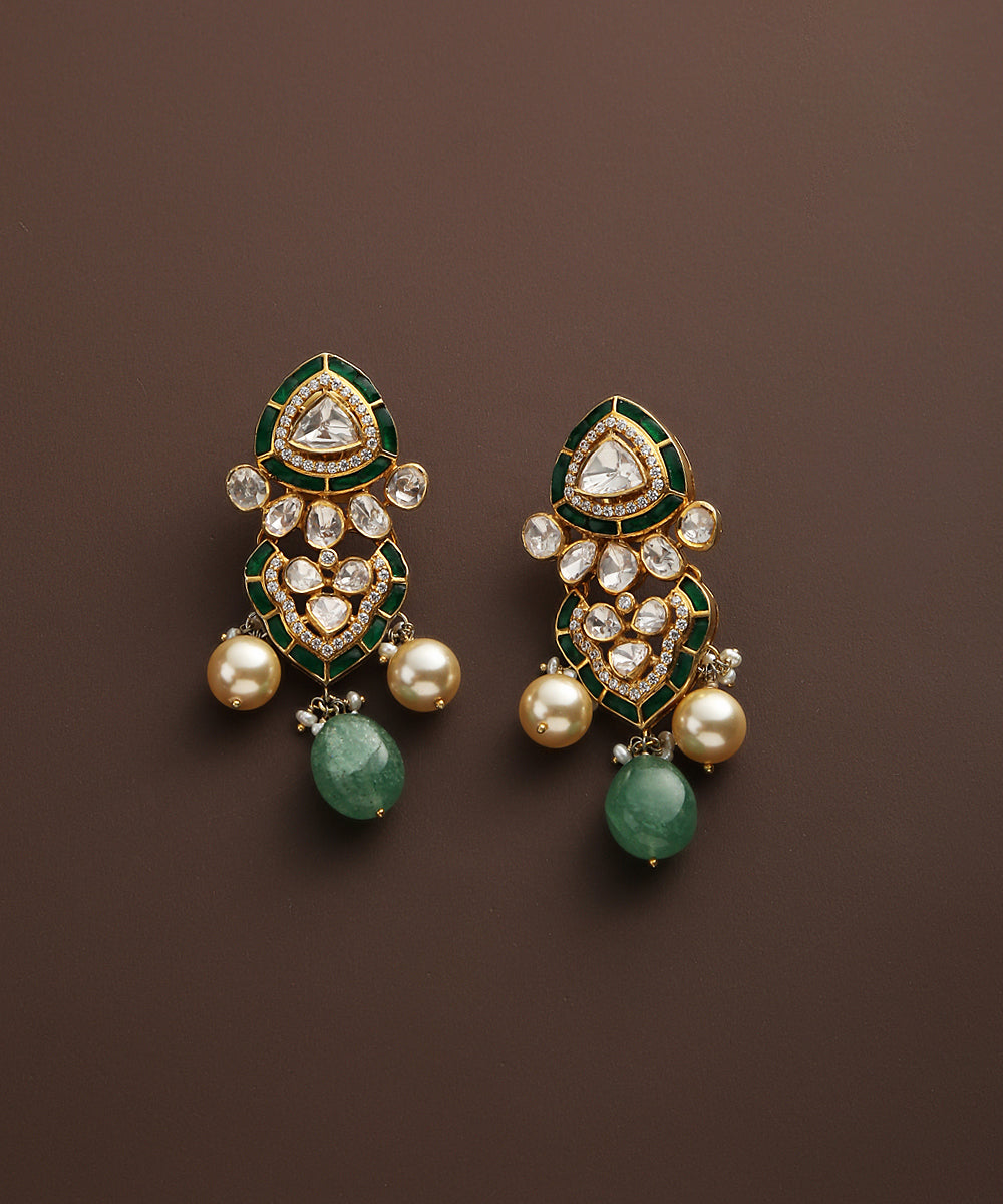 Shaizen_Pure_Silver_Earrings_Handcrafted_With_Moissanite_Polki_And_Emeralds_WeaverStory_02